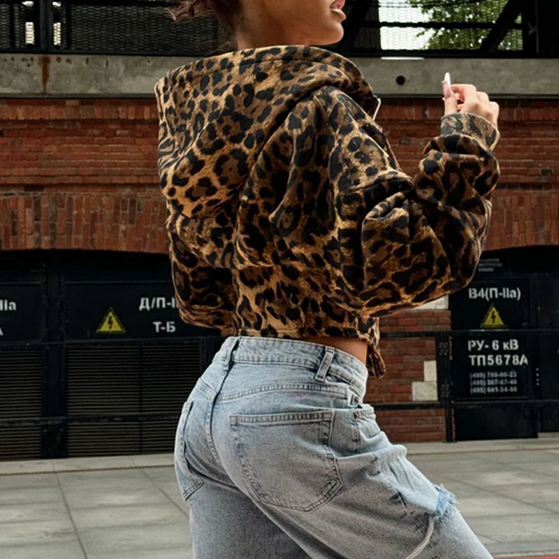 BKLD Women's Classic Hooded Long Sleeved Patchwork Irregular Sexy Zip Up Corset Short Jacket Street Style Leopard Coat Outerwear