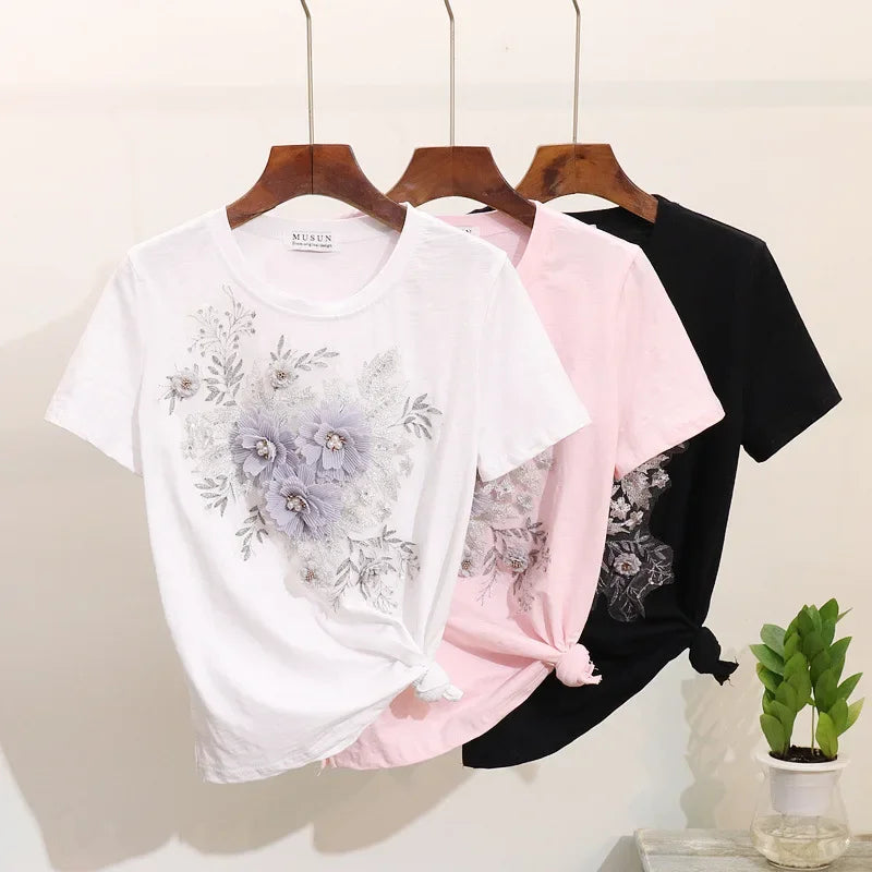 Two-Piece Suit 2025 Summer New Women Denim Pants Beading Embroidery Tshirt Tops+ High Waist Hole Jeans Female Casual Outfits