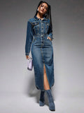 Wmstar Denim Dresses Women Long Sleeve Casual Button Pockets Maxi Dress Fall Clothes Fahion Streetwear Wholesale Dropshipping