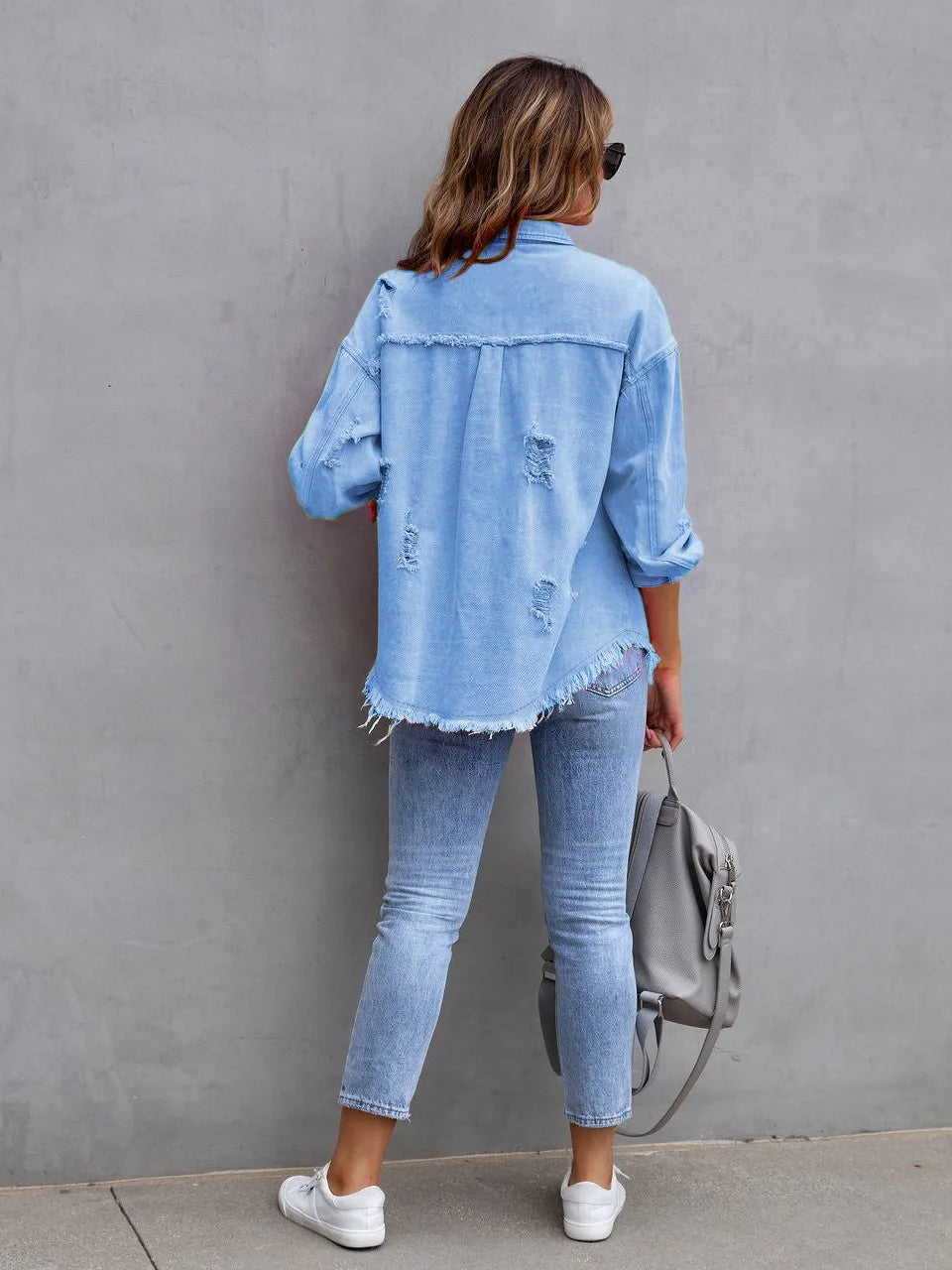 Women's Fashionable Solid Color Mid-Length Ripped Denim Jacket Long-Sleeved Spring Autumn Trend