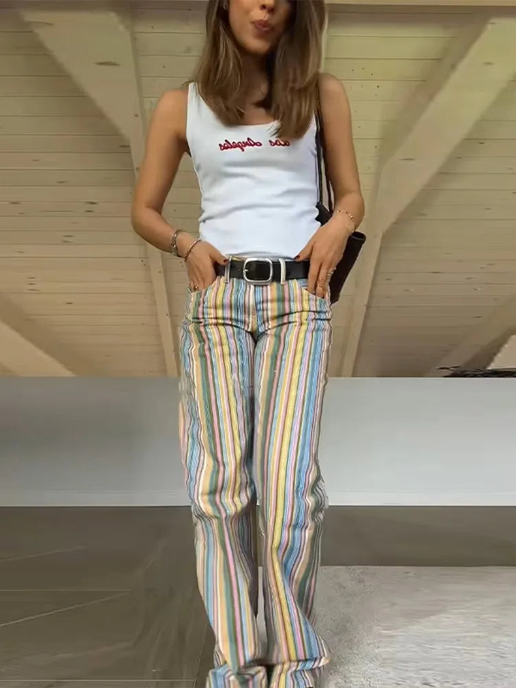 Multicolor Striped High Waisted Pants Straight Leg Retro Full Length Colorful Trousers 2026 Spring Casual Fashion Daily Wear