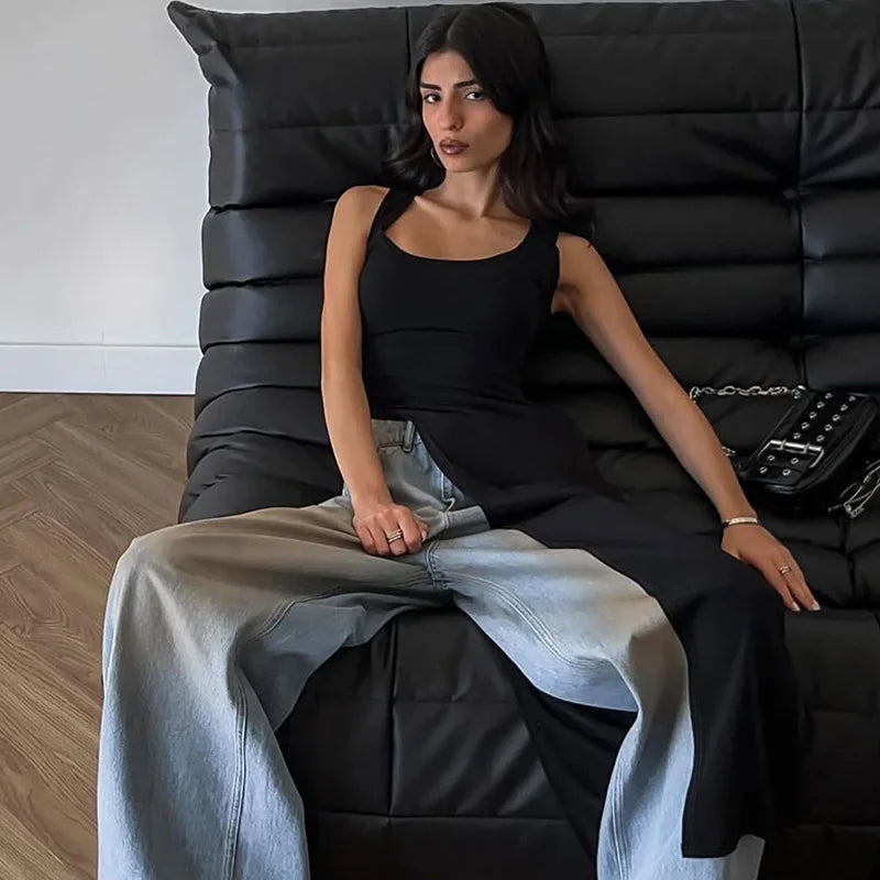 Sexy Sleeveless Side High Split Midi Dress Backless Women's Summer Party Club Streetwear Y2K Style Solid Color