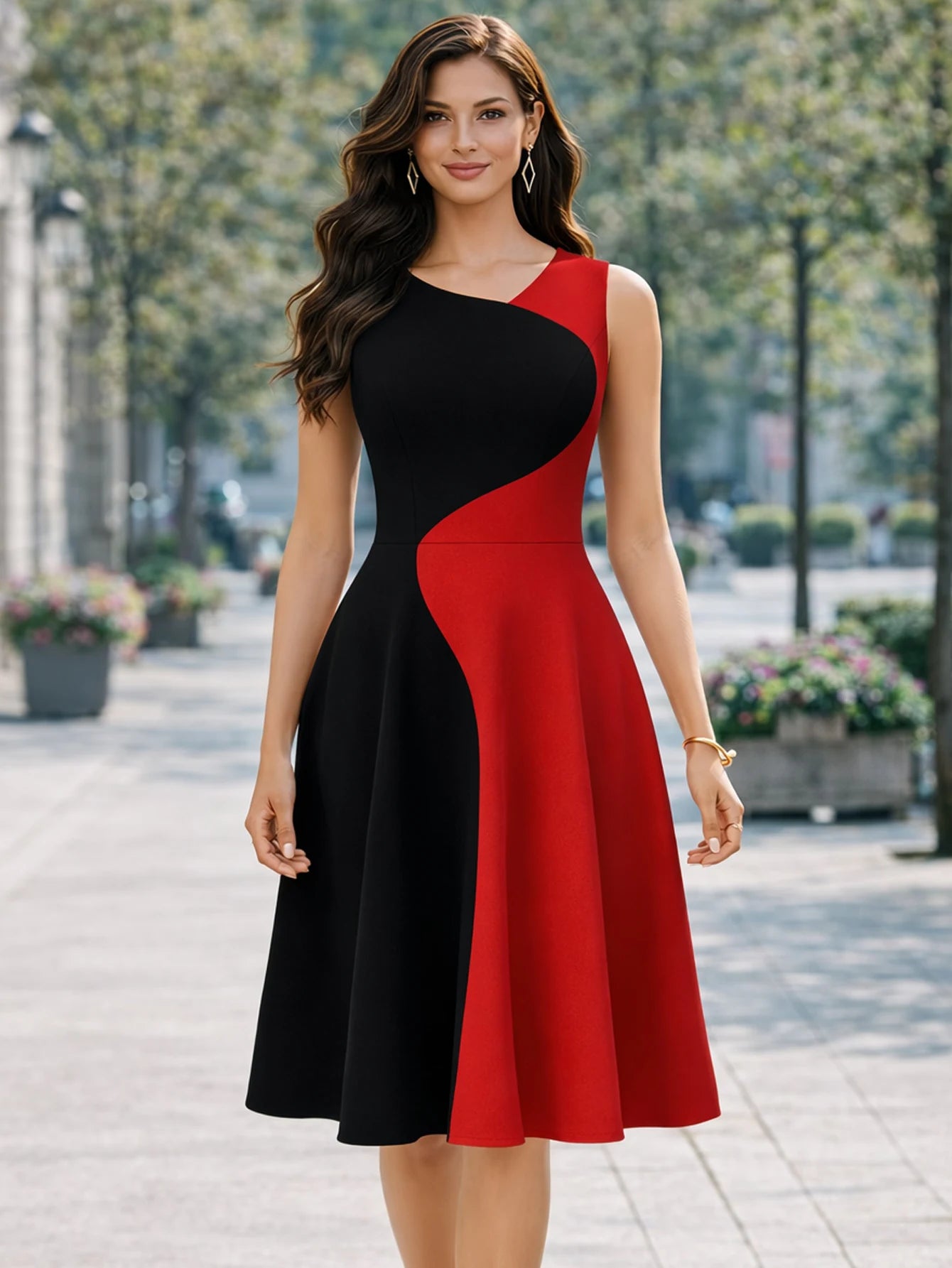 Womens Elegant Round Neck Sleeveless Summer Casual Fashion Party Knee Length Colorblock Fit and Flare Swing Dress