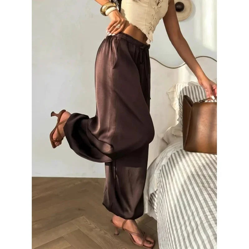 Solid Drapey Satin Loose Harem Pants Women Casual Elastic Waist Drawstring Design Long Pant 2026 Lady Commute Versatile Wear New