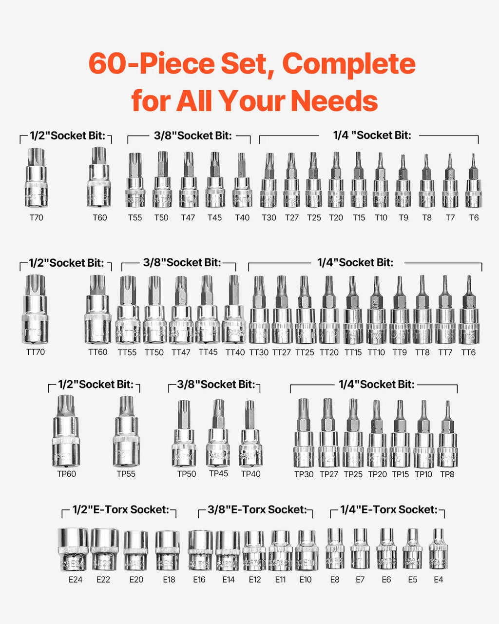 SucceBuy Torx Bit Socket and External Torx Socket Set 60-Piece T6-T70 TT6-TT70 TP8-TP60 E4-E24 S2 Alloy Steel and Cr-V Steel