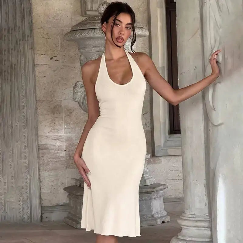 Mozision Women Halter Deep V Neck Midi Dress Sleeveless Backless Bodycon Ruffle Hem Long Dress Elegant Club Party Evening Dress