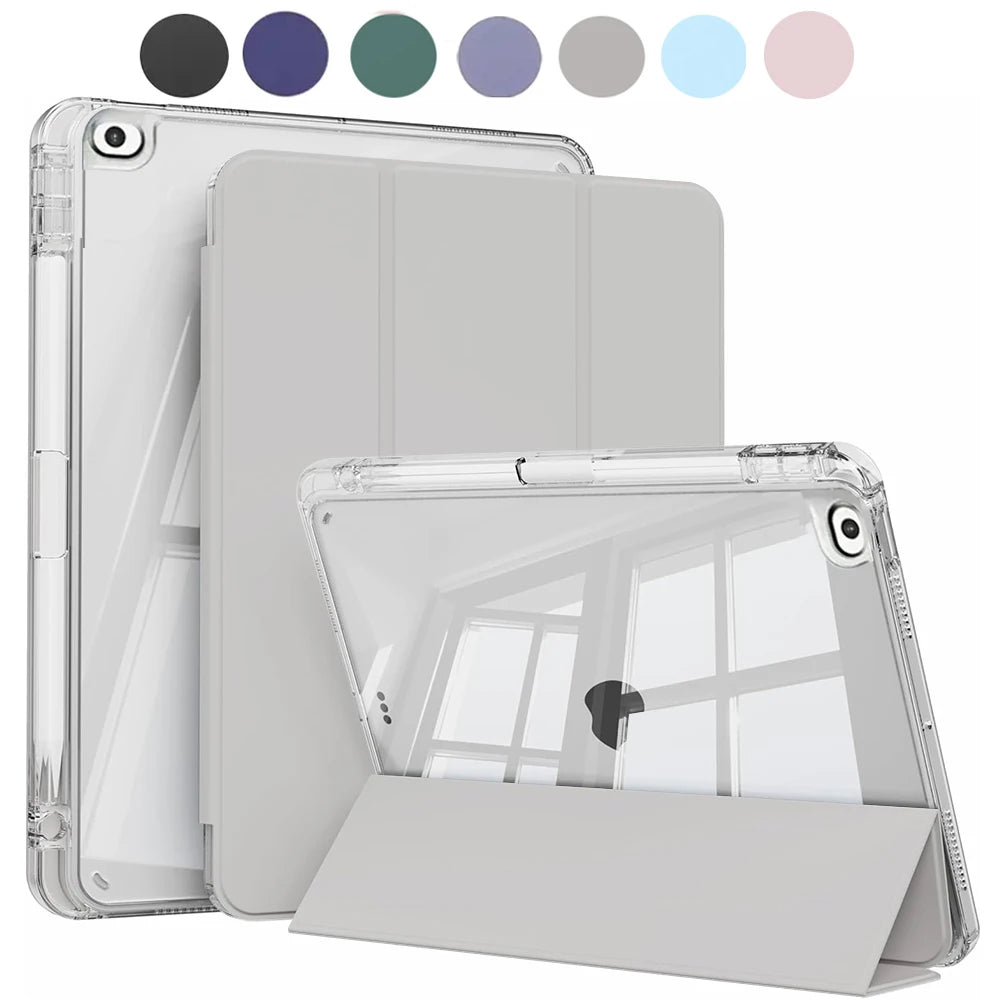 Case for iPad 5th 6th Gen Air 1 2 Case with Pencil Holder, Hard Clear Transparent Back and Soft TPU Shockproof Frame Cover