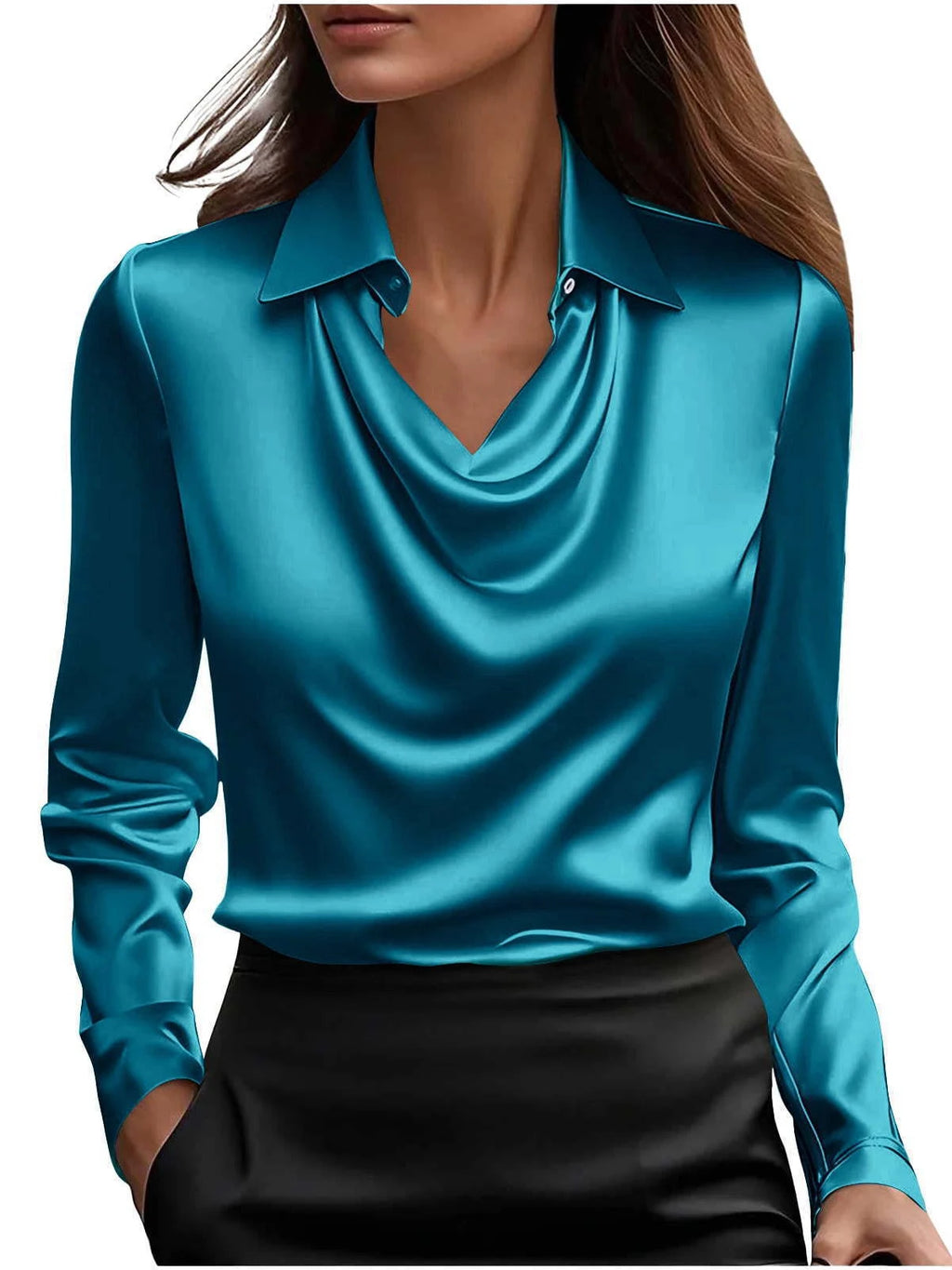 Women Long Sleeve Lapel V Neck Satin Blouse Elegant Solid Loose Shirt Spring Summer Simple Chic Offce Lady Tops Fake Silk Shirt