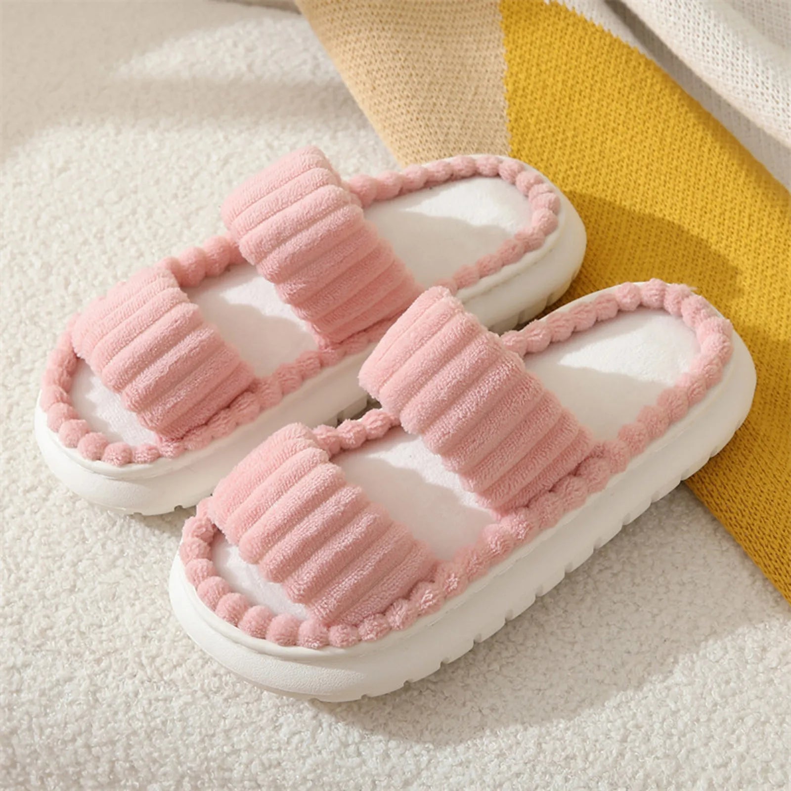 Fashion Women Winter Slipper Corduroy Double Strap House Warm Plush Flat Slippers Autumn Woman Light Comfort Indoor Slipper