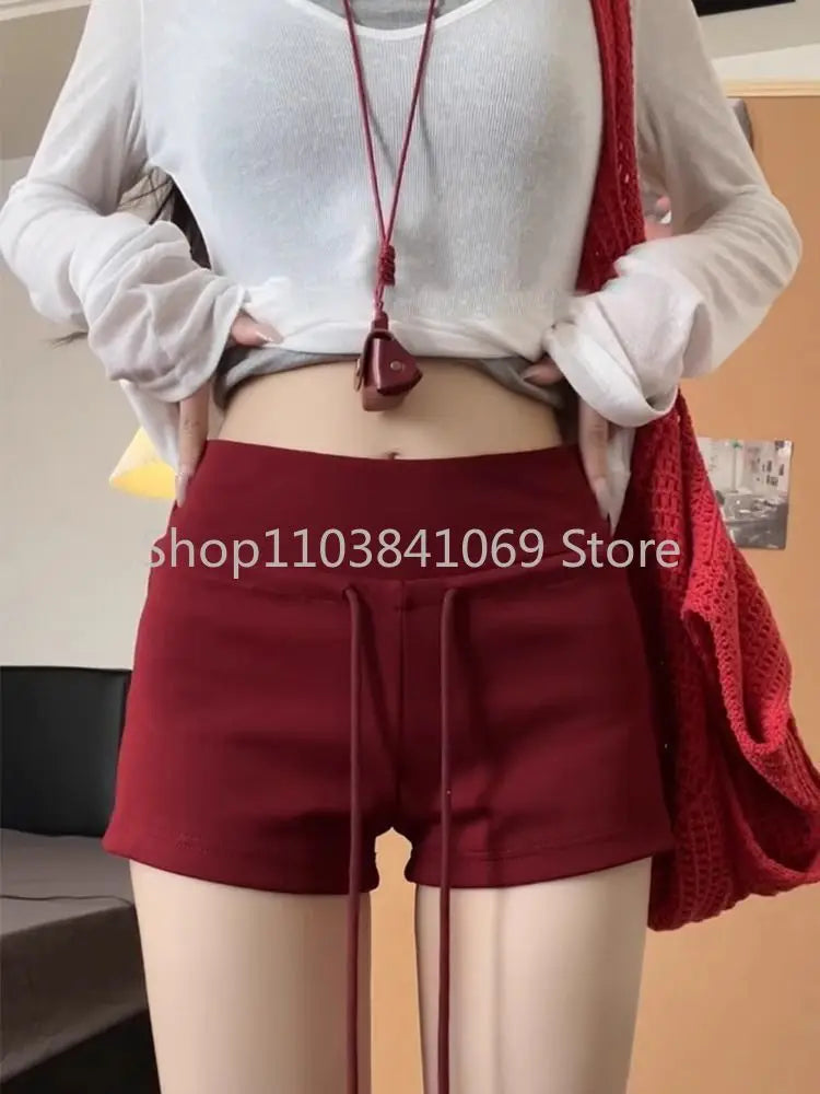 Red Shorts Women's Summer New Mid Waist Slim Fit Casual Drawstring Sports Pants Shorts for Women Womens Clothing