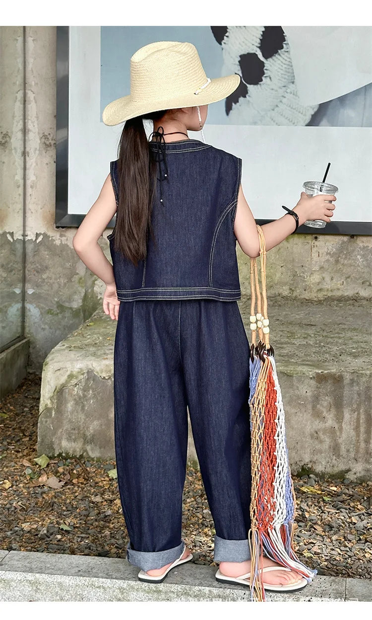 Summer teen Girls Denim Set 2024 Child Sleeveless Cowboy vest+Wide leg pants Two Piece junior kid jeans suit child outfits 10 12