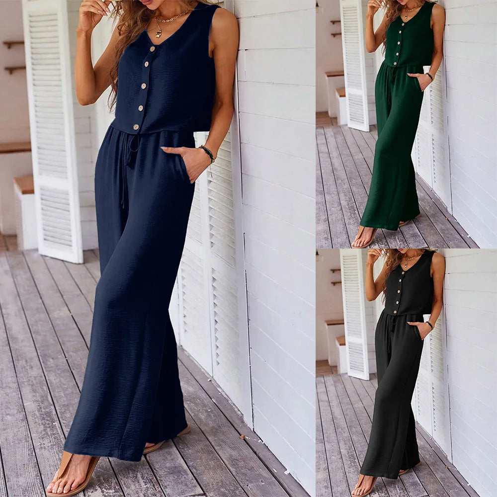 Fashion Single Breasted Vest Women's Trousers 2-piece Set Summer Elegant Casual Loose Wide-leg Pants Pocket Female Office Suit
