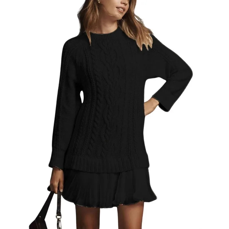 2025 Winter Long Sleeve Twist Knitted Sweater Dress Woman Ruffle Chiffon Pleated Dresses Fall Solid Warm A-Line Pullover Dress