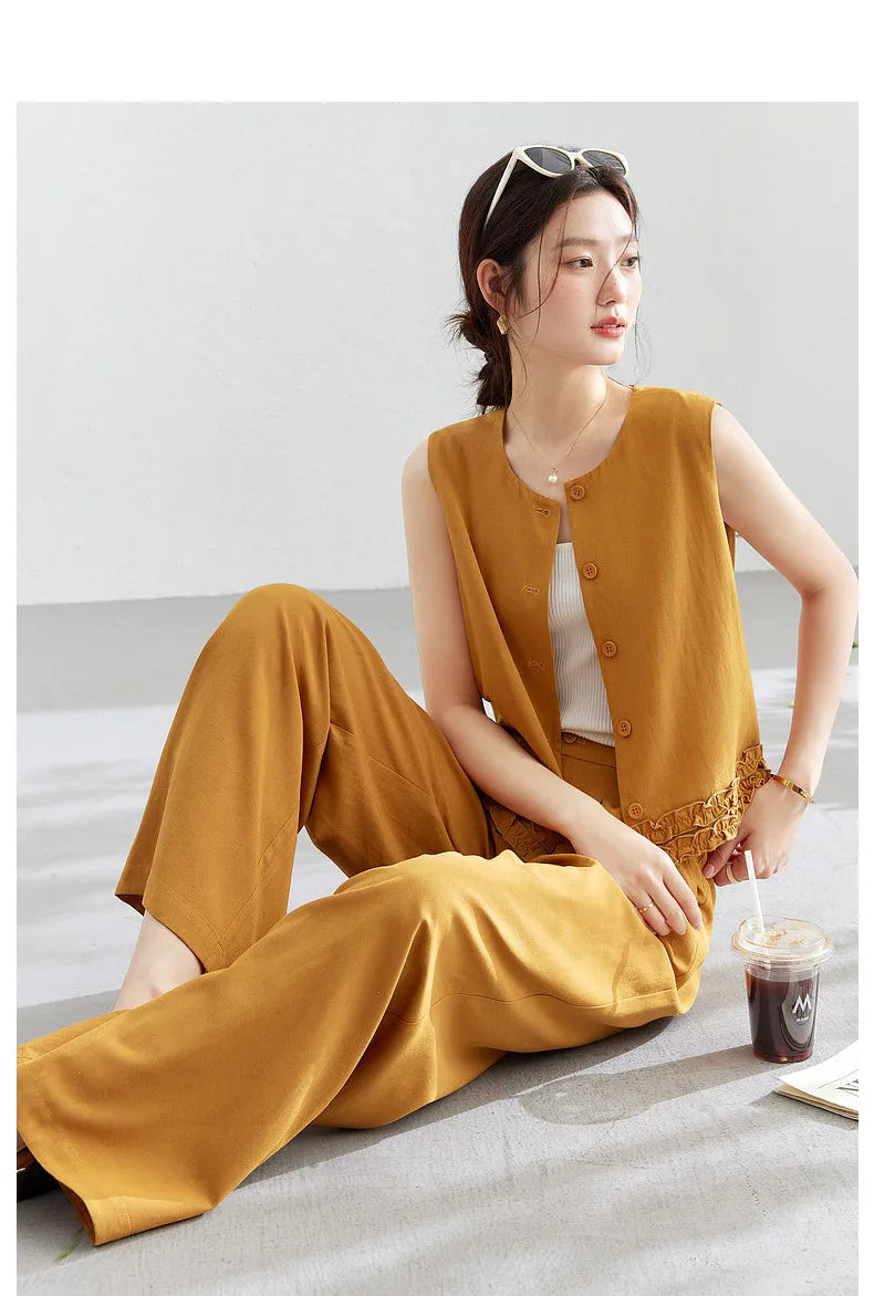 VIMLY Office Two-Piece Set Women 2026 Summer New Fashion Ruffle Hem Cropped Sleeveless Vest Wide Leg Pants Casual Outfit A6153