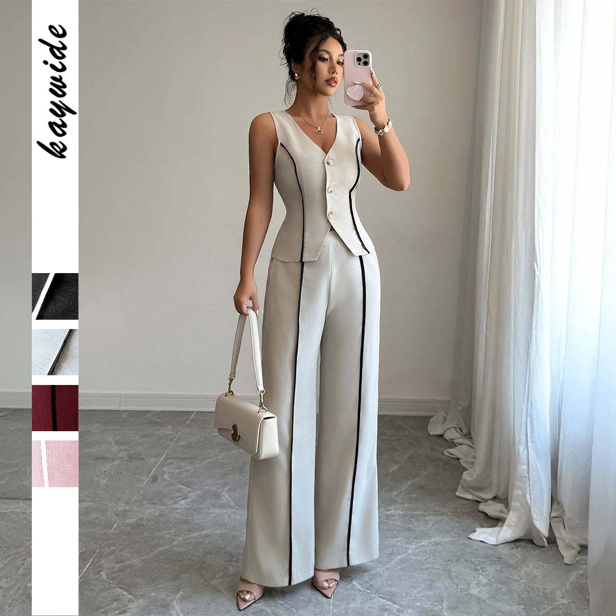 Elegant V-neck High-waisted Color-block Sleeveless Women's Suit For Spring/summer 2026 Dress Elegant Lace Maxi Beach