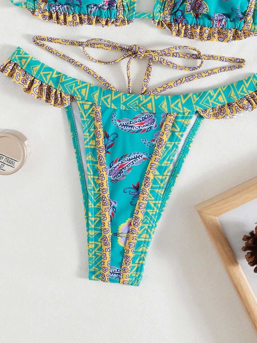 Print Bikinis Bordered Bikini Set Mciro Halter Swimwear Women Swimsuit Sexy Beachwear Brazilian Biquini Triangle Bathing Suits