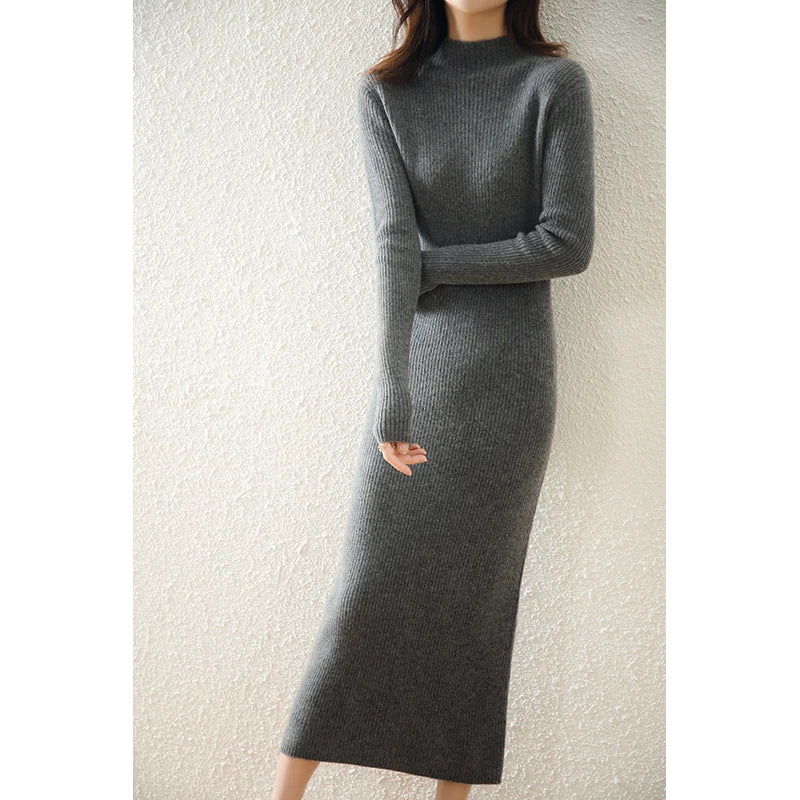 Autumn and winter semi high neck drawstring high elasticity slim fit 100% wool pullover dress, mid length over knee cashmere
