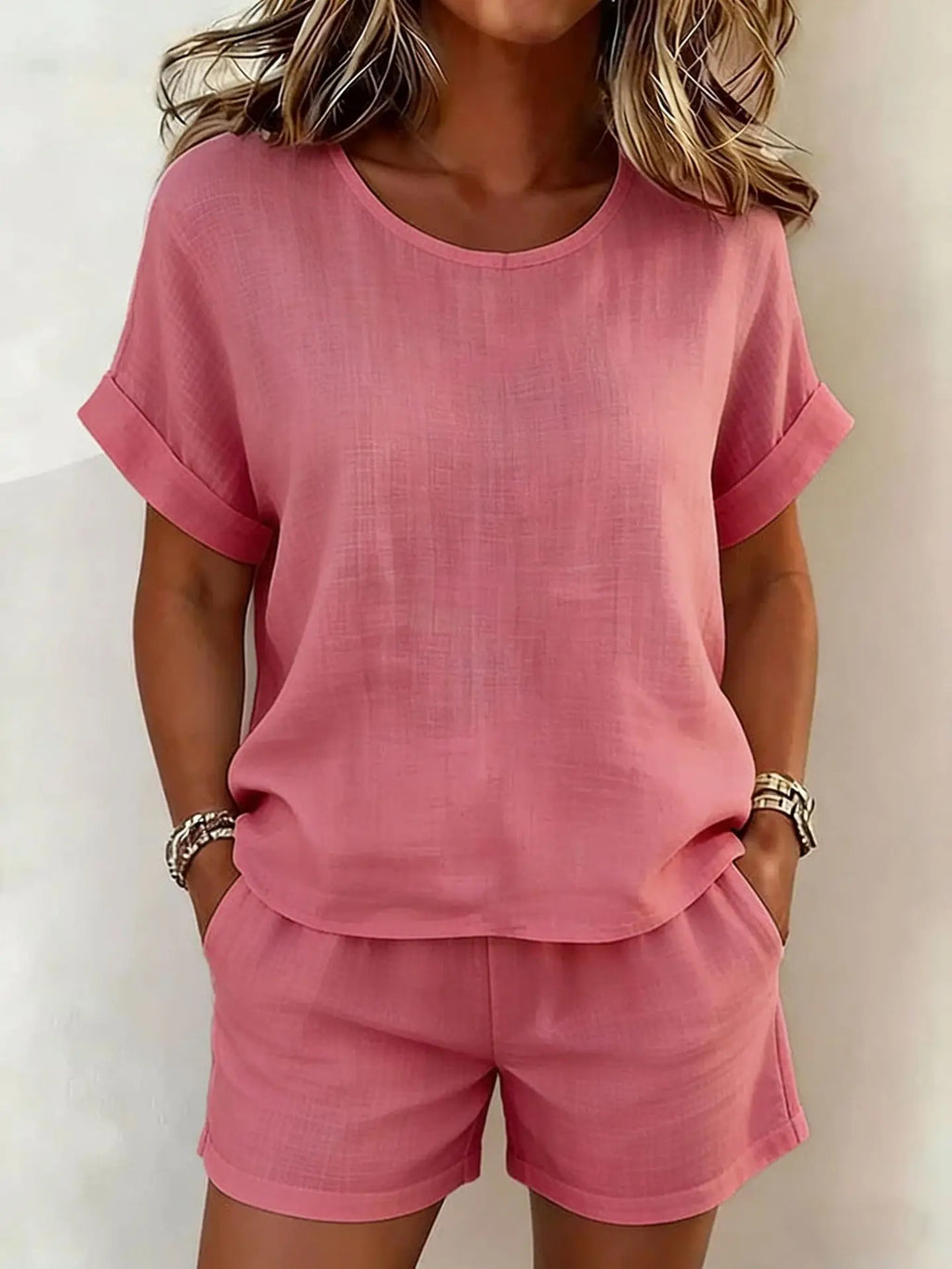 2026 Summer New Women's Solid Color Casual Crew Neck Short Sleeve Top & Shorts 2-Piece Outfit Set
