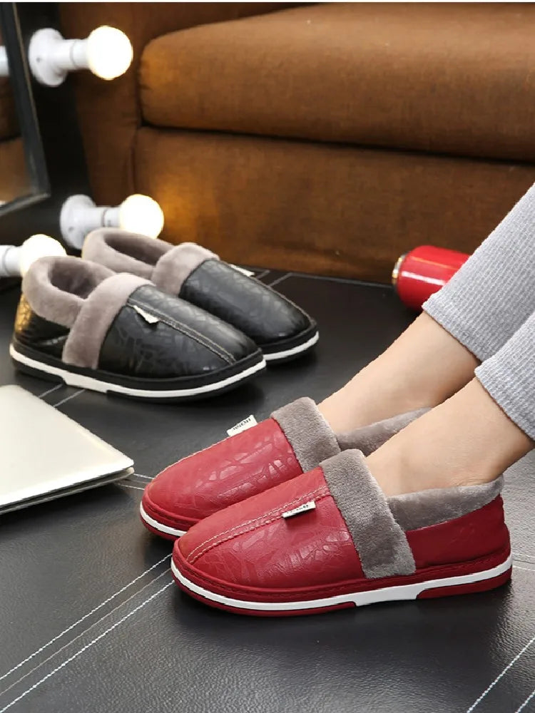 Big Size 50-51 Men Slippers Winter PU Leather Warm Indoor Waterproof Home Furry Flats Couples Slides Bedroom Non Slip Shoes