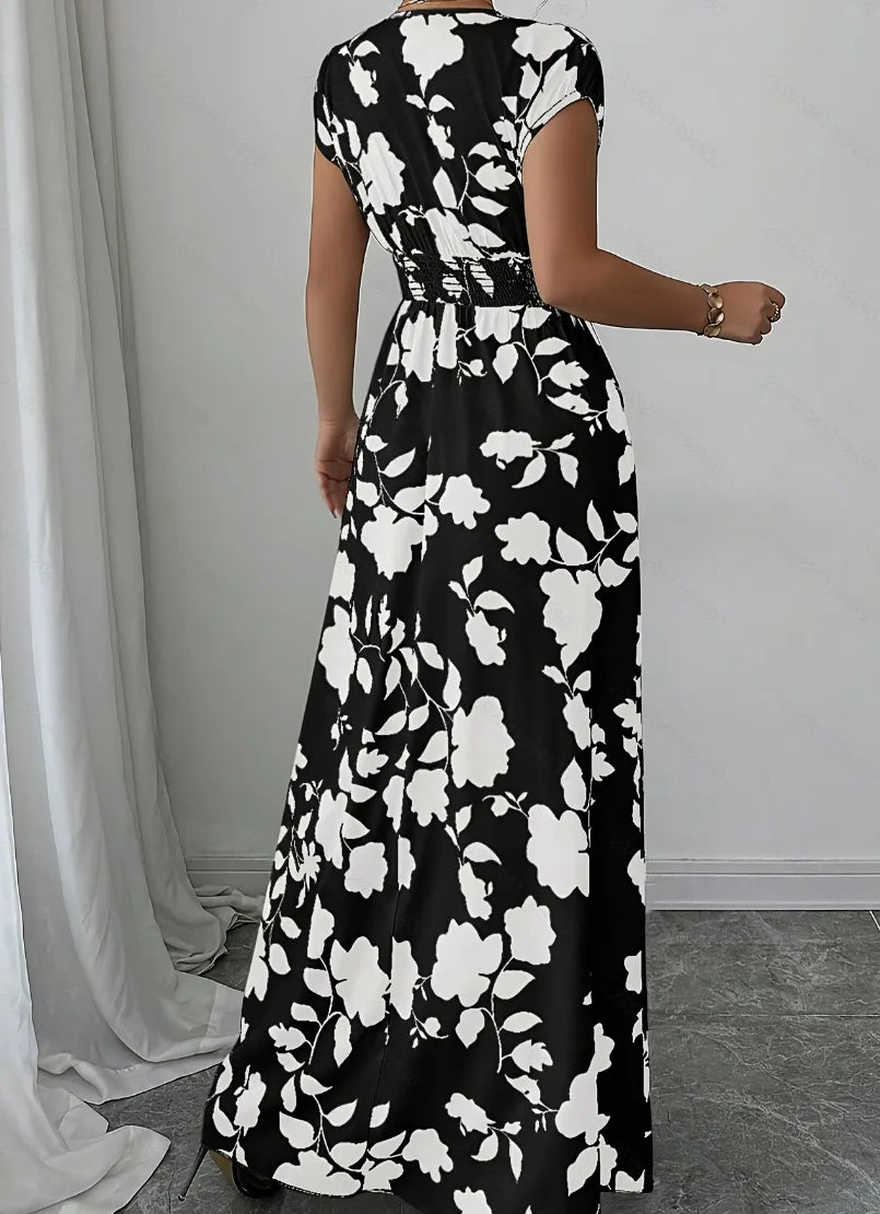 2026 Women's New Fashion Casual Daily Comfortable Elegant Lace-up Floral Print V-neck Short Sleeve Waist Women's Long Dress