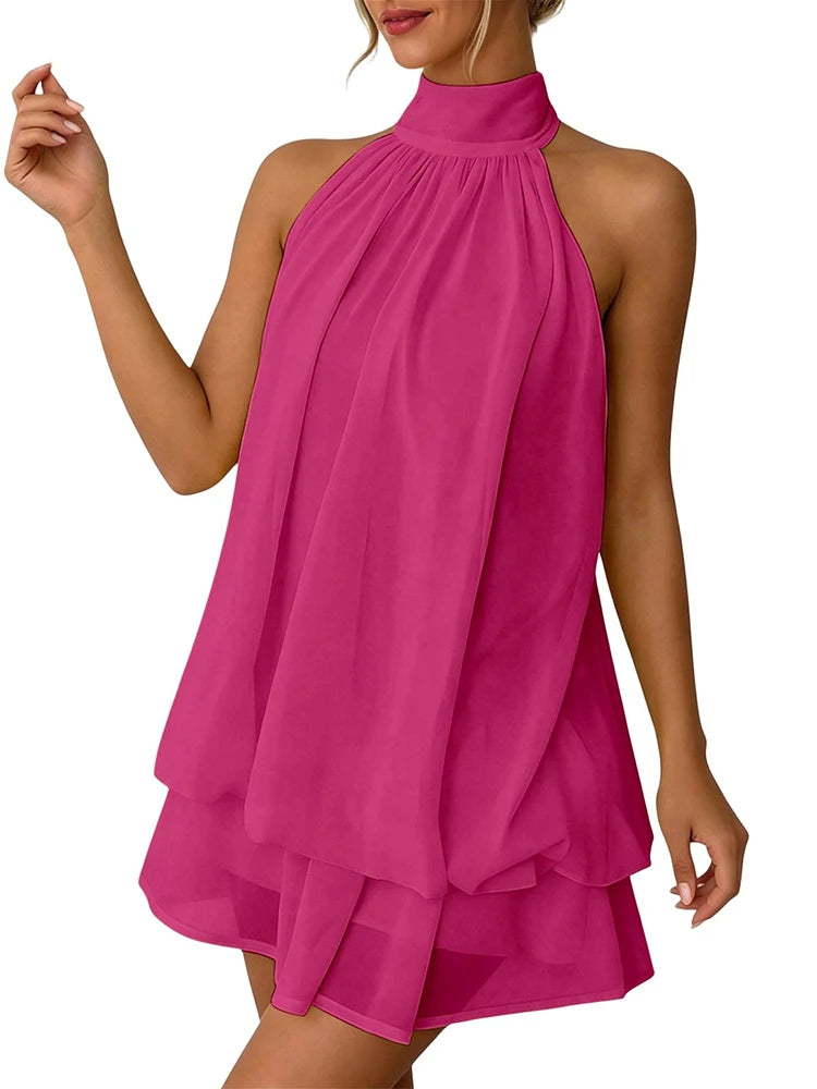Women Halter Neck Backless Tie Mini Dress Summer Sleeveless Chiffon Ruffle Short Dresses Sexy Club Party Beach Vacation Outfit