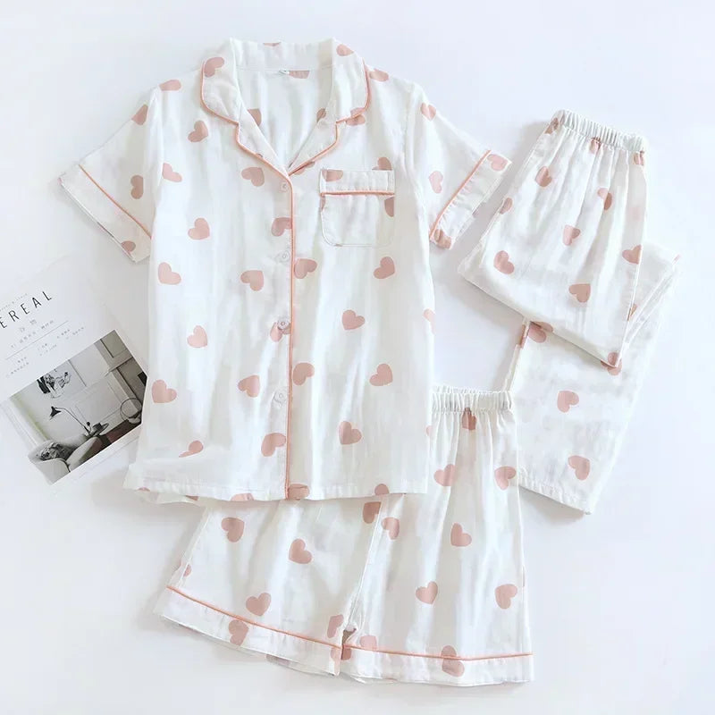Three-piece Japanese-style pajamas women spring and summer autumn 100% cotton gauze short-sleeved shorts trousers summer suit ho