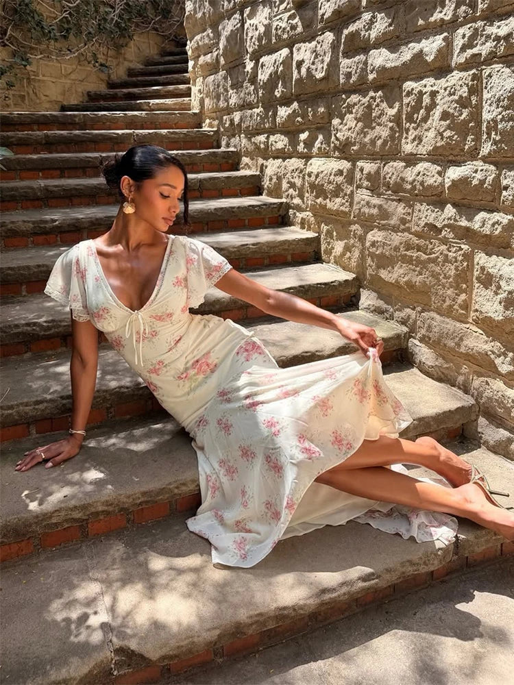 Women Pink Floral Print Maxi Dress Elegant V Neck Ruffle Trim Flare Sleeve Ruched High Chiffon Dresses 2026 Lady Party Vestido