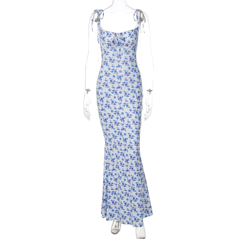 Hugcitar Floral Print Sleeveless Backless Slips Lace Up Maxi Dress Sexy Bodycon Summer Elegant Outfits Holiday Party Wholesale
