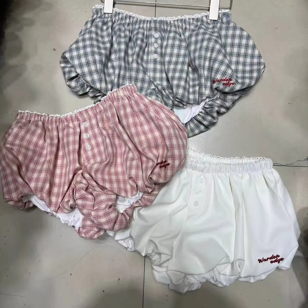 Womens Plaid Bubble Shorts Elastic Waist Bloomer Shorts Casual Short Pants Summer Streetwear