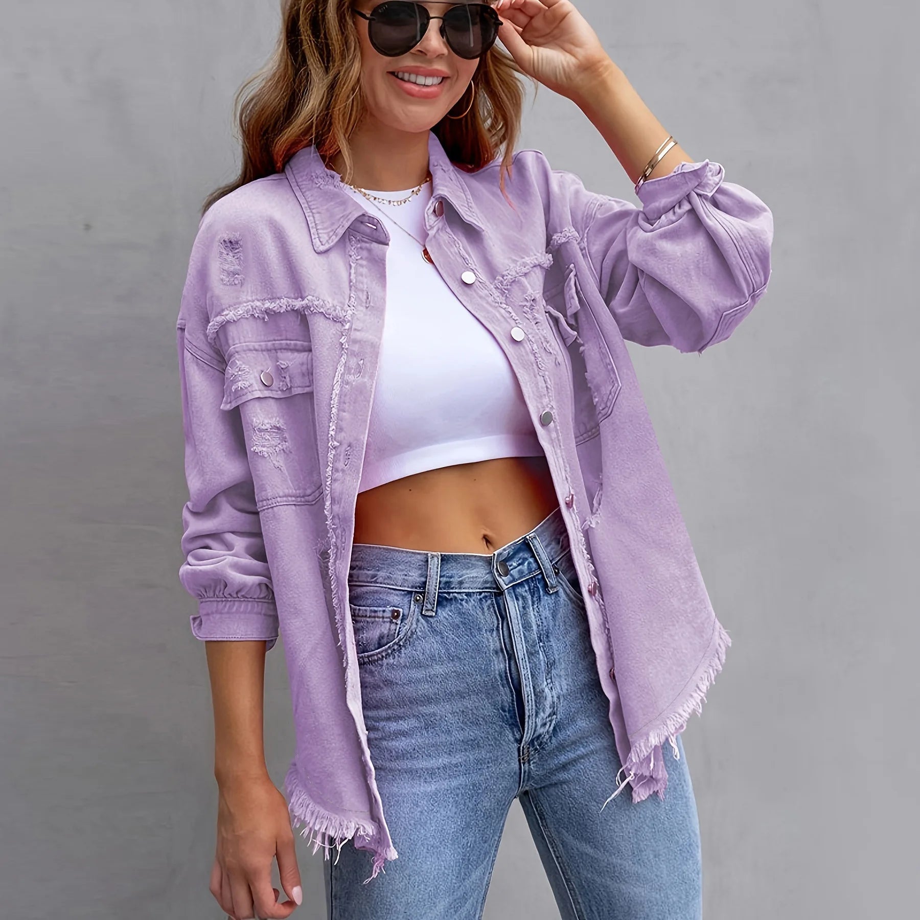 Women's Fashionable Solid Color Mid-Length Ripped Denim Jacket Long-Sleeved Spring Autumn Trend