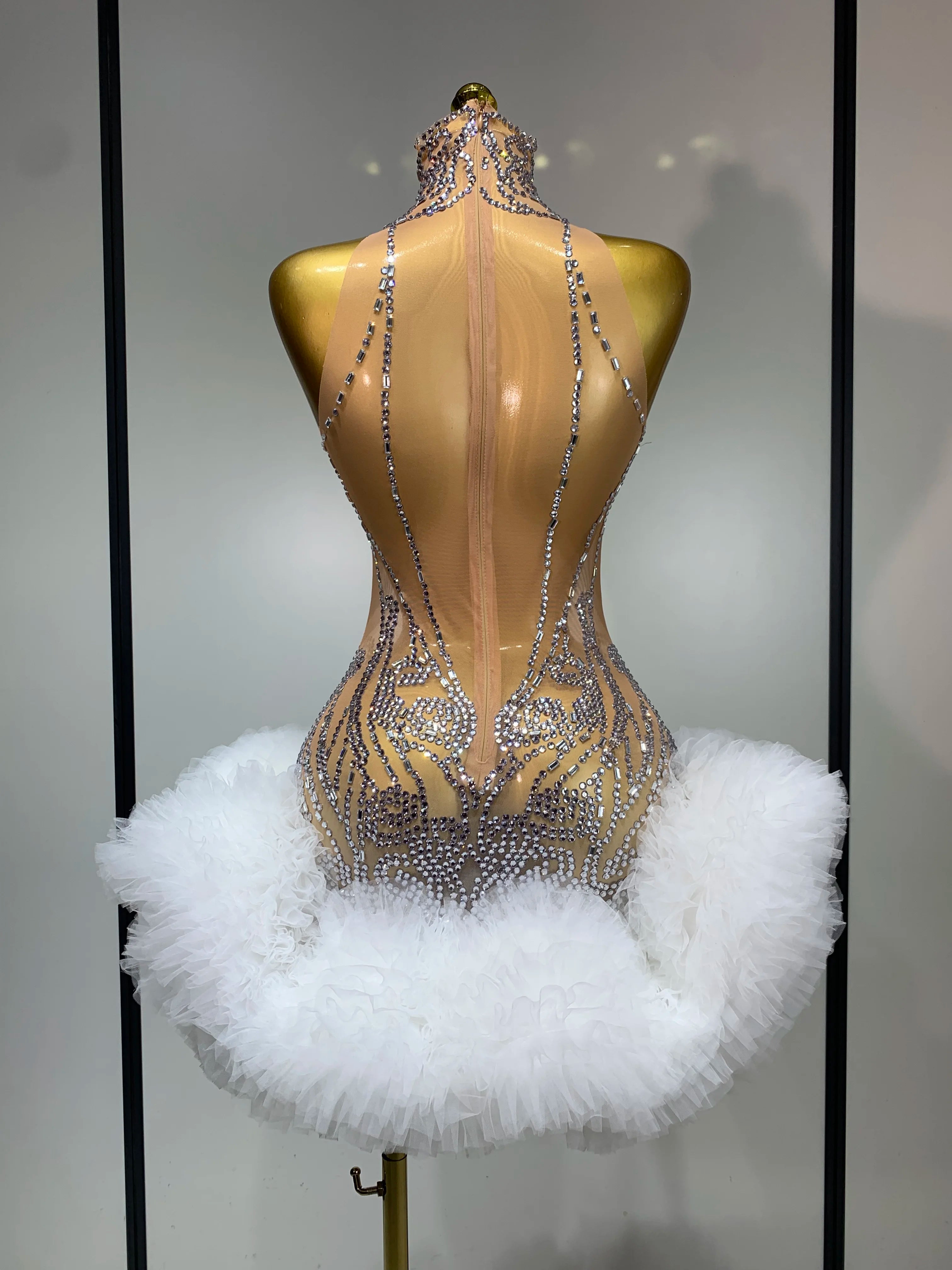 Luxury Women Sexy Sparkly Rhinestone Sleeveless Mesh See Through Bodycon Mini Birthday Dress Evening Party Performance Costume