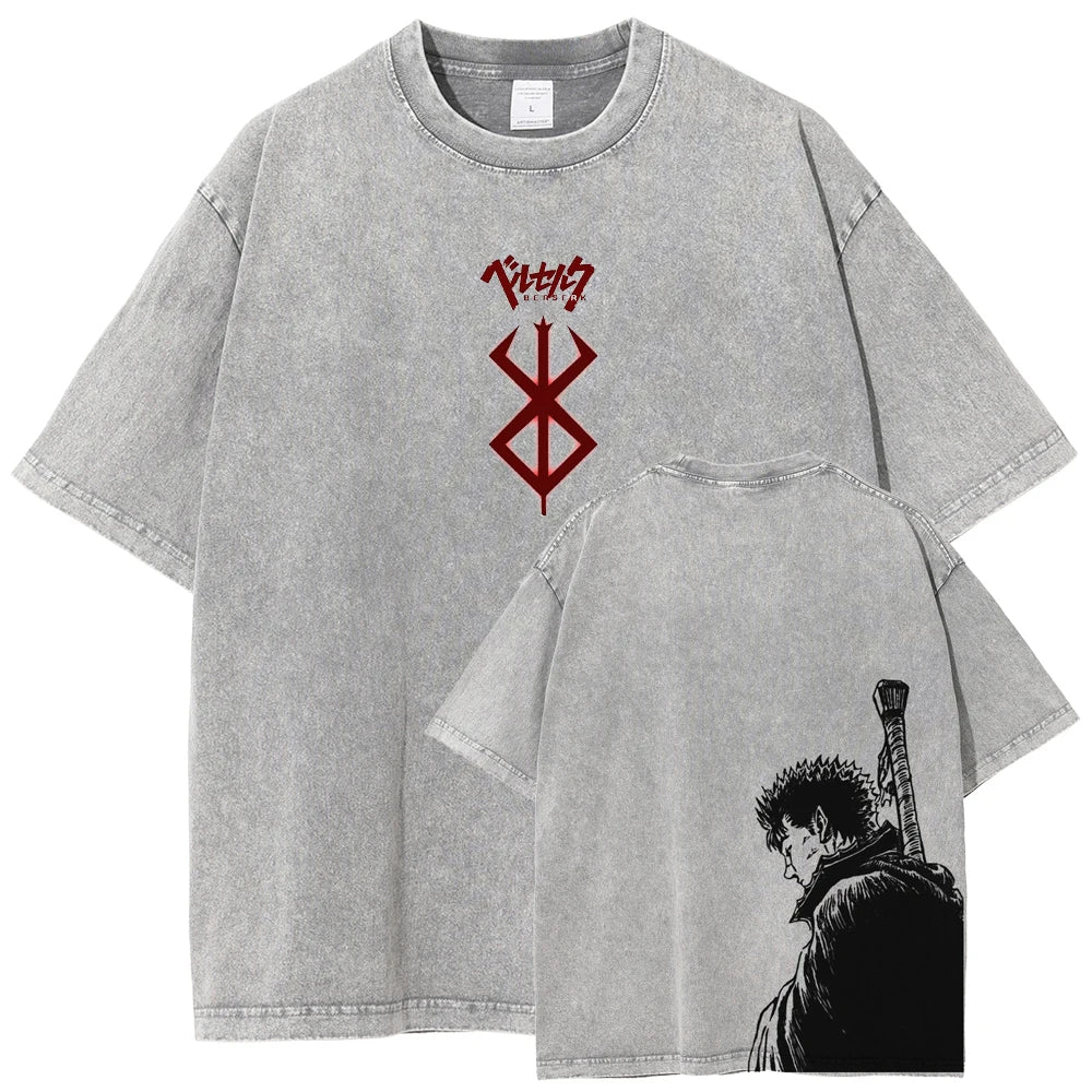 Berserk Guts T Shirt Manga Griffith Printed  T-shirt Men Unisex Clothes Street Vintage Washed Tshirt Short Sleeve Cotton Tees