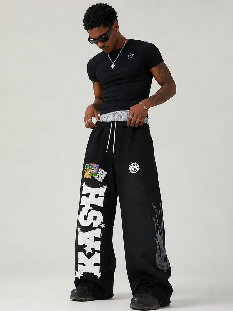 Autumn and Winter Fashion High Street Ins Fashion Men's and Women's Loose Straight Embroidered Printed Casual Pants