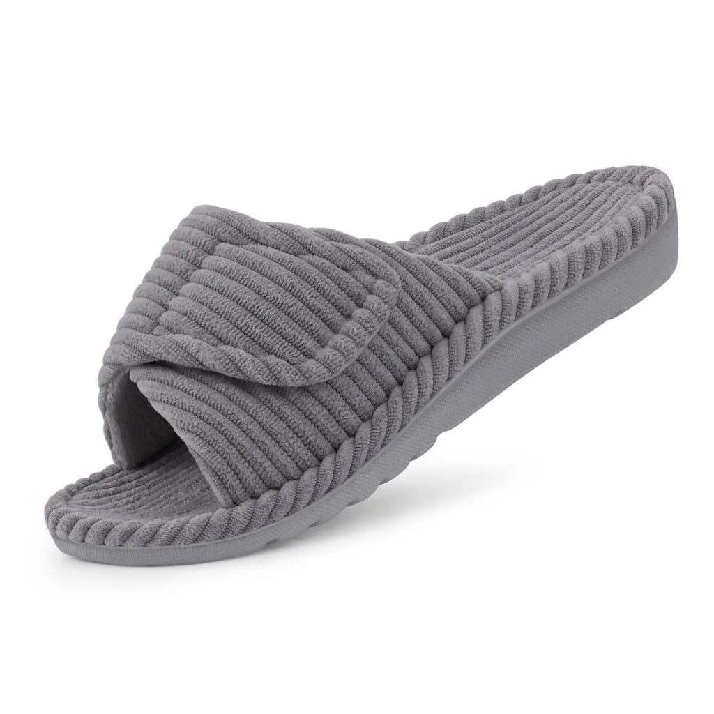 Evshine Women Fuzzy House Slippers with Arch Support Indoor Open Toe Corduroy Slides Adjustable Strap Bedroom Orthopedic Shoes