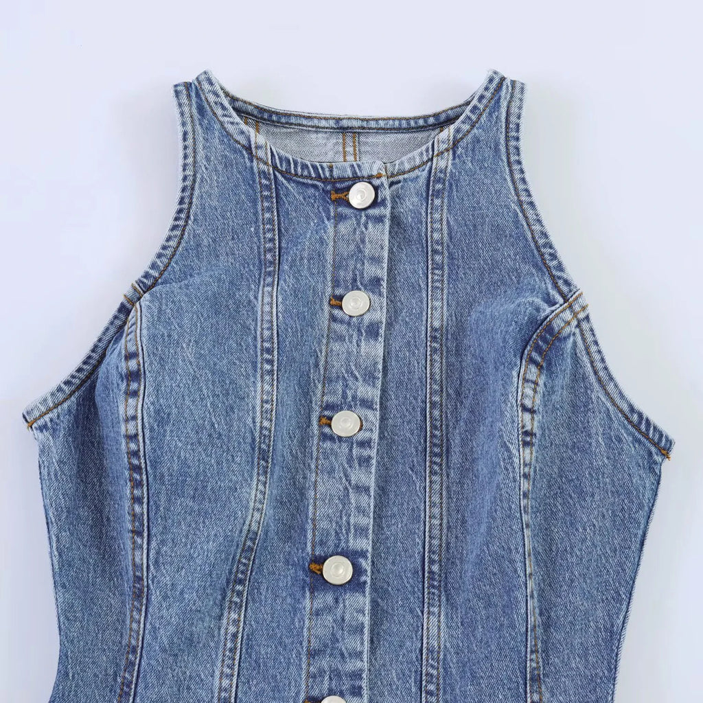 European and American style women's new 2026 fashionable temperament solid color sleeveless mini denim dress