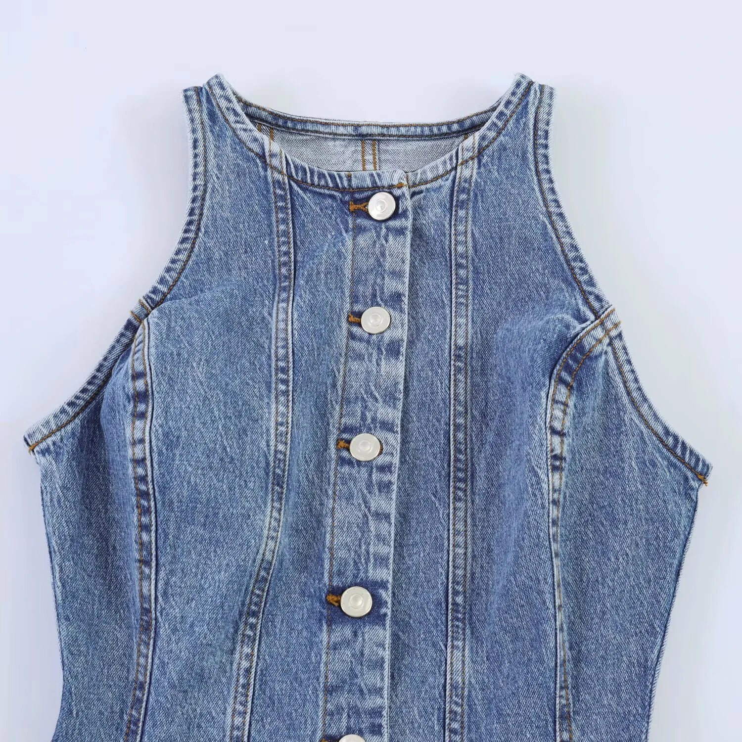 European and American style women's new 2026 fashionable temperament solid color sleeveless mini denim dress