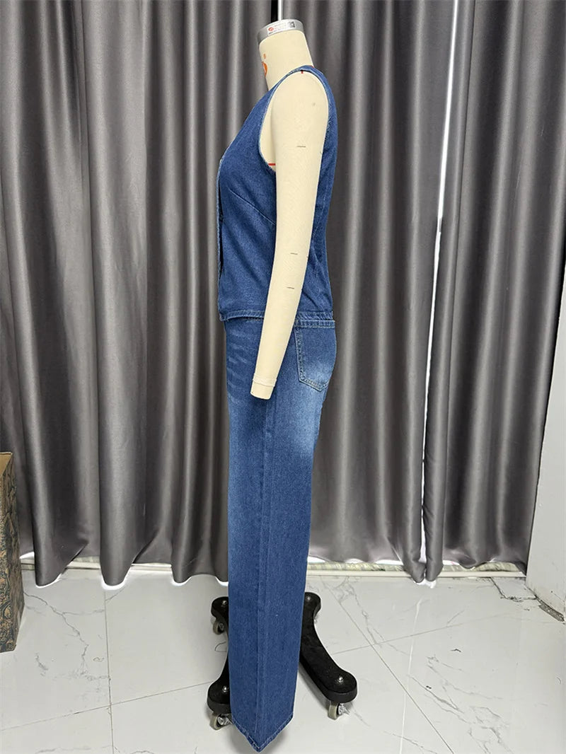 Streetwear Denim 2 Piece Sets Women Outfit Spring Summer Women 2025 Sleeveless Vest Top Wide Leg Pants Sets Jeans Two Piece Set