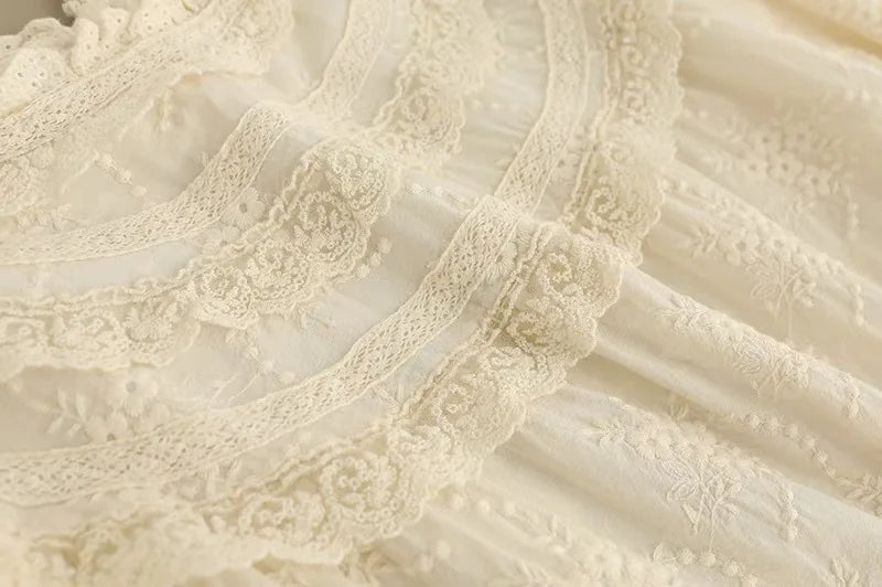 Vintage Embroidery Hollow Out Cotton Linen Dress Women Spring Mori Girl Lace Ruffled Casual Long Sleeve Loose Pullover Vestidos