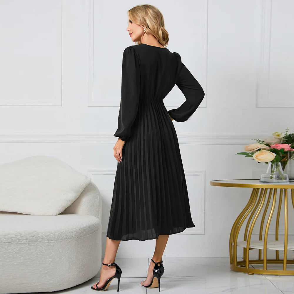 Elegant Women's Green Chiffon Autumn/Winter Long Sleeve Slim Fit Pleated Dress Fashion Women's V-neck Belt Party Dresses S-2XL