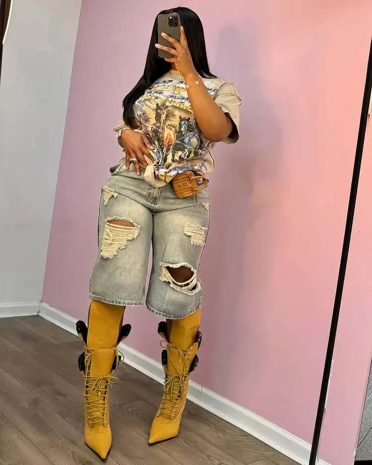 Europe America Summer New High-waisted Loose, Vintage, Ripped Denim Mid-length Straight-leg Wide-leg Pants. Casual Denim Shorts