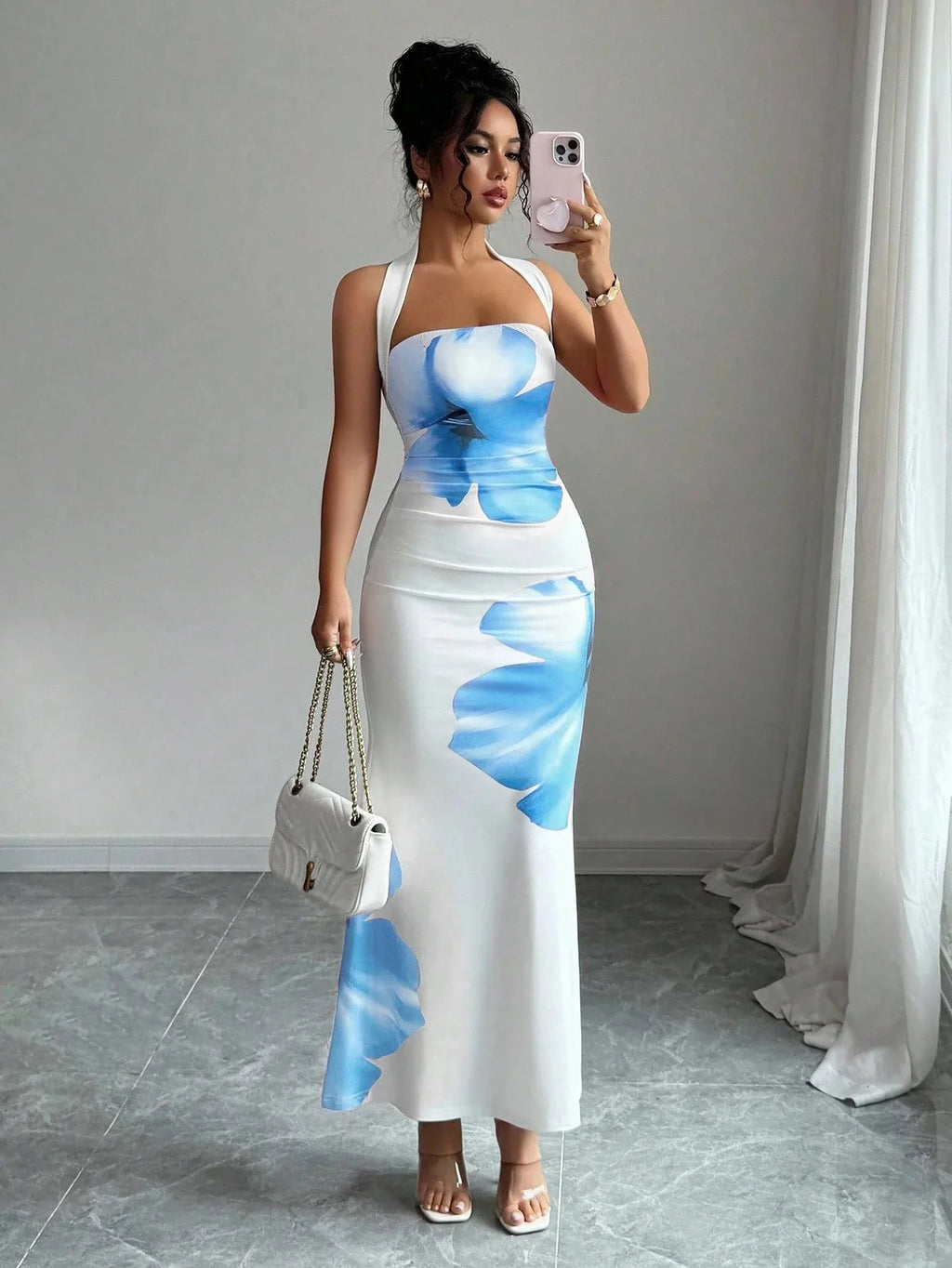 Women's 2026 New Popular Neck Halter Long Dress Hip-wrapped Printed Dress White Dress Birthday Dress for Women Summer Dress