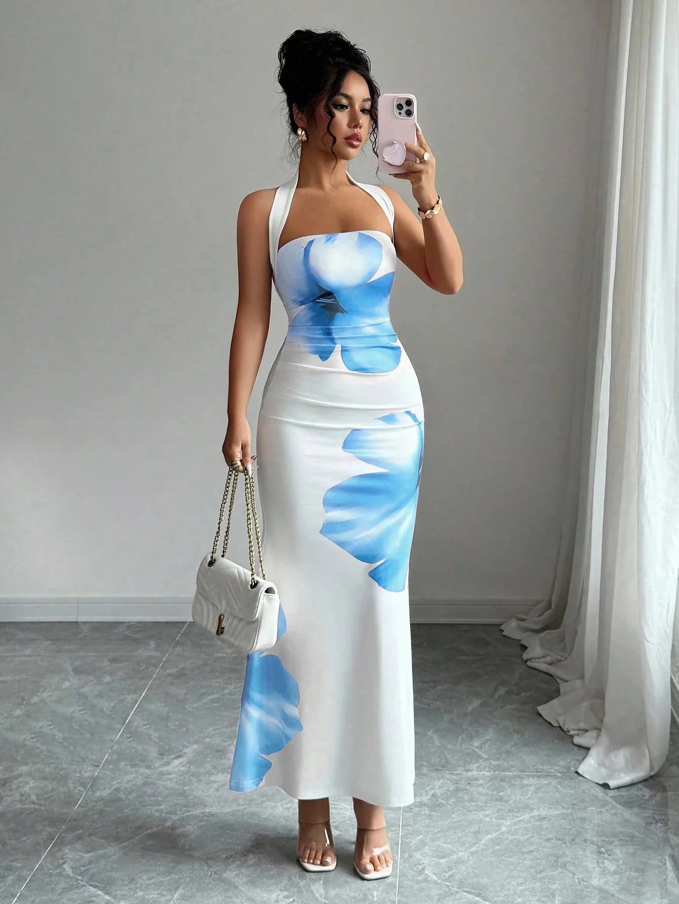 Women's 2026 New Popular Neck Halter Long Dress Hip-wrapped Printed Dress White Dress Birthday Dress for Women Summer Dress