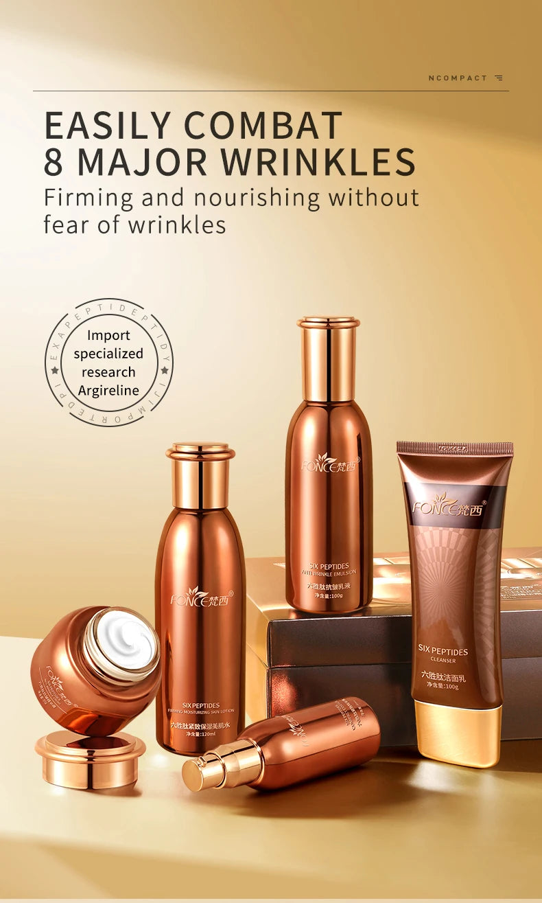 5PCS FONCE Hexapeptide Firming Anti-aging Beauty Set Contains Facial Cleanser Serum Toner Anti-Wrinkle Cream Women Face Care Kit