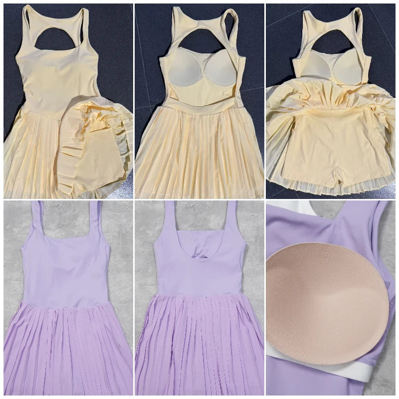 VITALINOVO Workout Tennis Dress with Built in Shorts Square Neck Padded Workout Dress with Pockets Golf Athletic Mini Dresses