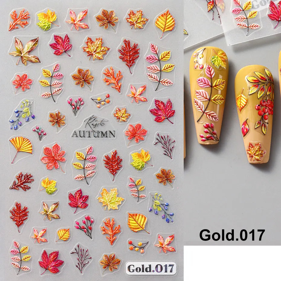 2/4pcs 5D Laser Autumn Bird Decals Fall Embossed Maple Leaves Squirrel Nail Sticker Fruits Flower Engraved Charm Manicure Decor
