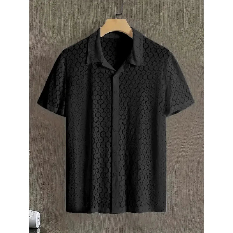 Spring/Summer Men's Fashion Lace Short-sleeved Shirt Party Club Sexy Hollowed-out See-through Shirt Casual Street Men's Clothing