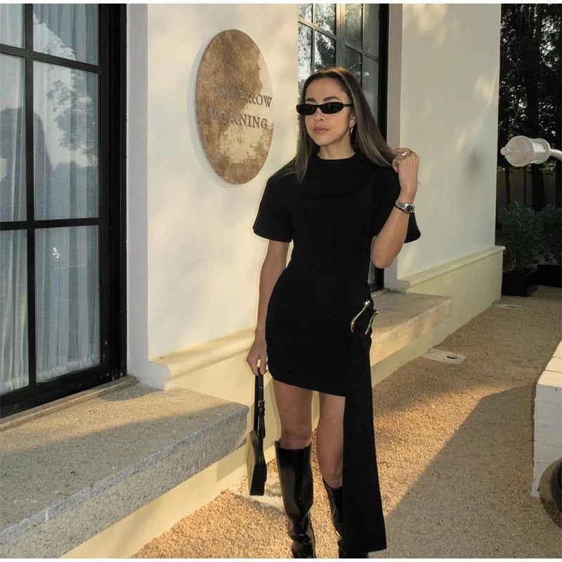 Elegant Mini Dress Woman Ribbons Slim O-neck Short Sleeve Above Knee Dresses Female Spring Summer Party Robe Lady High Street