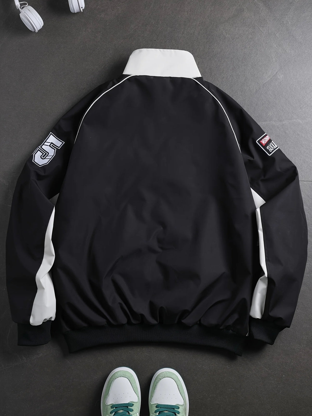 Men's American Street Retro Color Block Stand Collar Jacket Zip Up Loose Trendy Letter Print Fashion Casual Streetwear Coat
