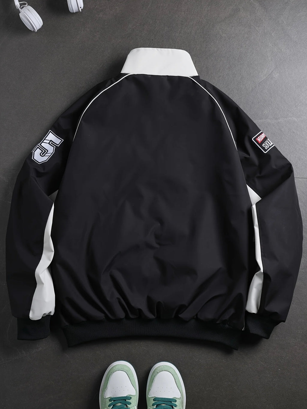 Men's American Street Retro Color Block Stand Collar Jacket Zip Up Loose Trendy Letter Print Fashion Casual Streetwear Coat