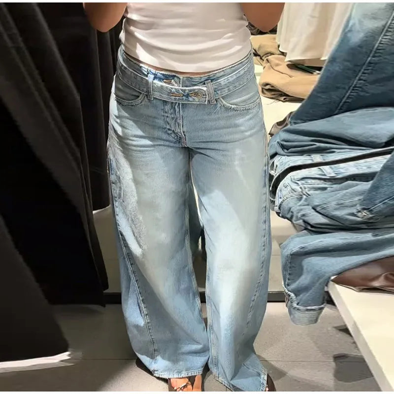 2026 Spring Low Waist Pleated Wide Leg Jeans Light Wash Raw Edge Double Waistband Casual Women Pants Trendy Y2K Lady Trousers